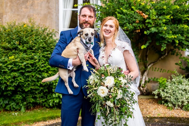 The happy couple and their four-legged dog, Crumble
