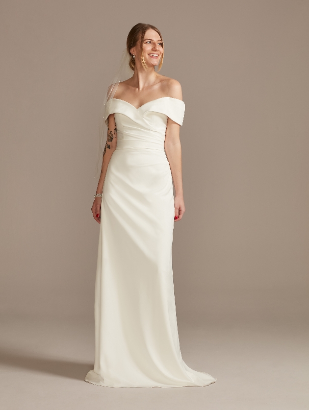 Crepe off-the shoulder sheath wedding dress