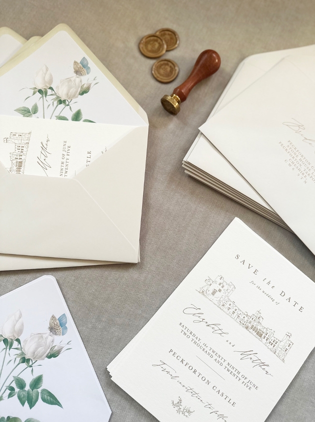 cream stationery suite with venue drawing, names and dates and envelops with floral print