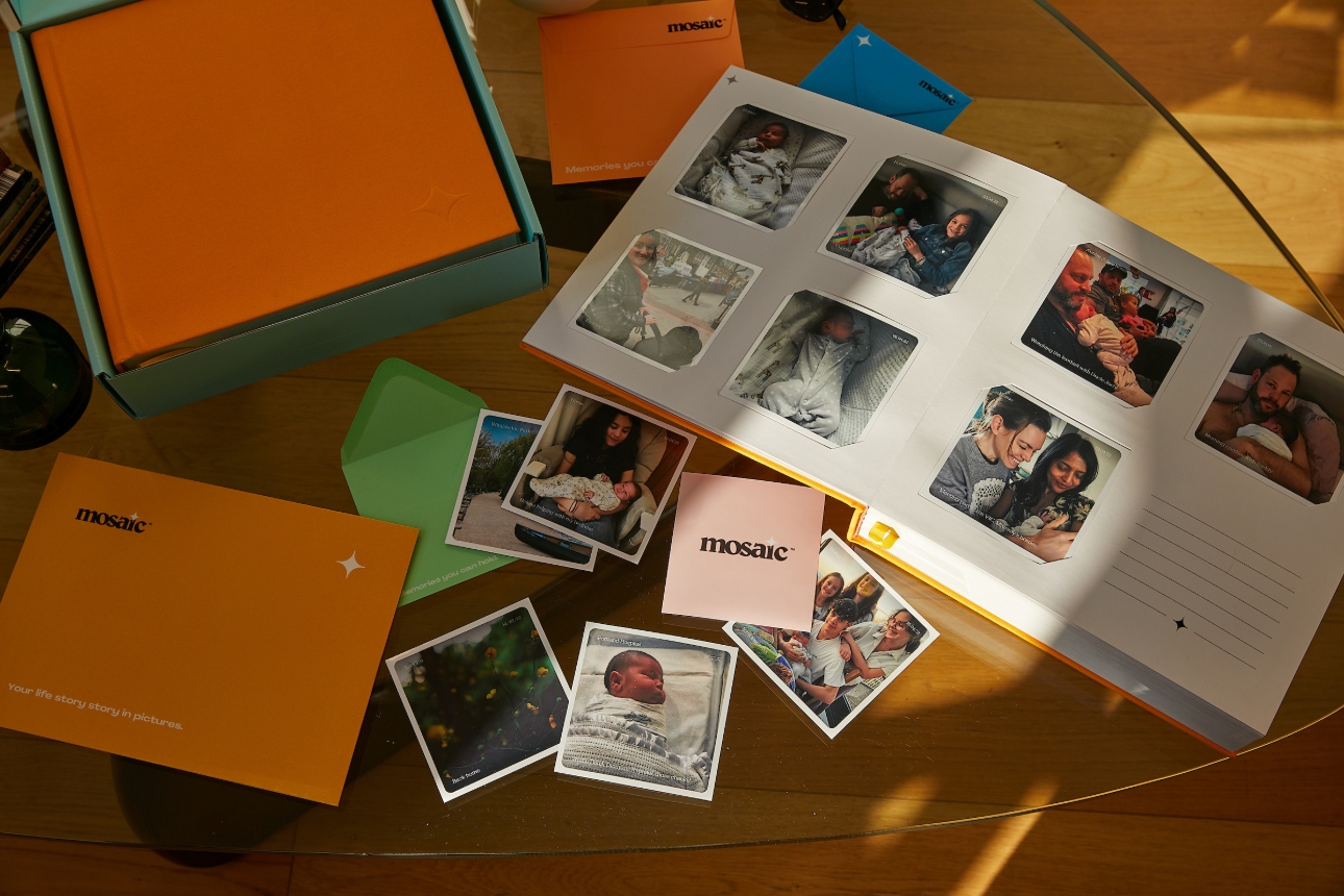wedding photo album big orange square, with square polaroid style images