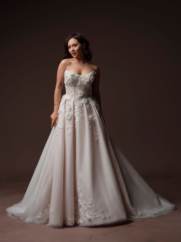 Blooming 3-D floral beaded lace cat eye neckline bridal gown